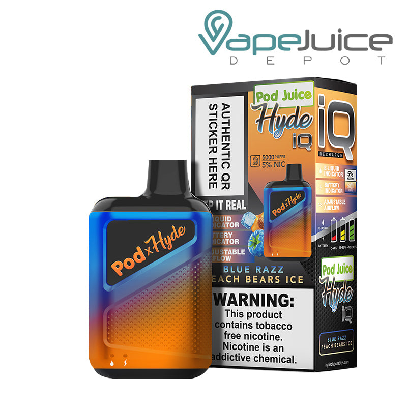 Blue Razz Peach Bears Ice Pod Juice X Hyde IQ Disposable 5000 Puffs and a box with a warning sign next to it - Vape Juice Depot