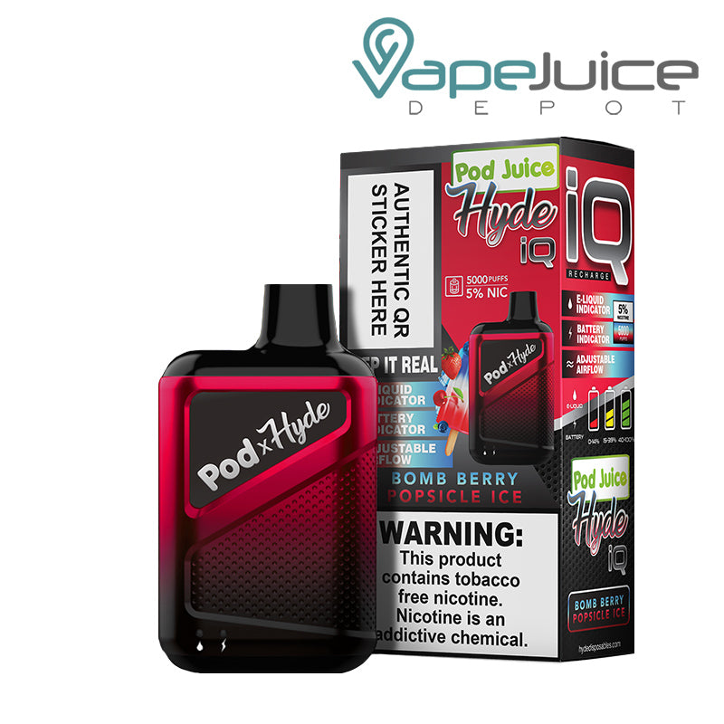 Bomb berry Popsicle Ice Pod Juice X Hyde IQ Disposable 5000 Puffs and a box with a warning sign next to it  - Vape Juice Depot