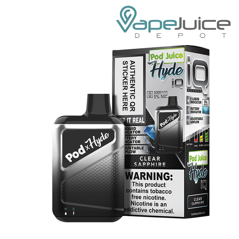 Clear Sapphire Pod Juice X Hyde IQ Disposable 5000 Puffs and a box with a warning sign next to it - Vape Juice Depot