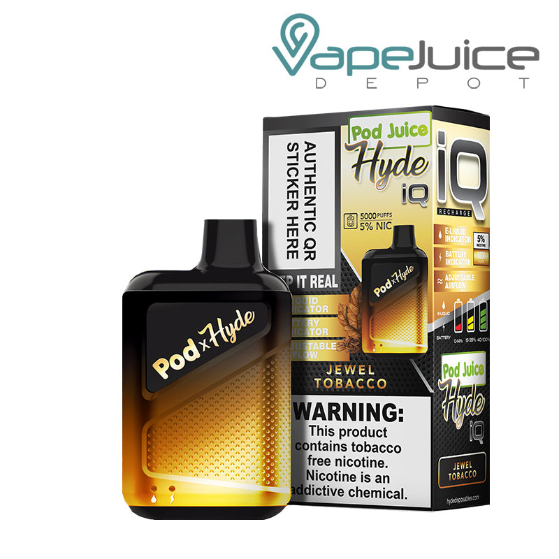 Jewel Tobacco Pod Juice X Hyde IQ Disposable 5000 Puffs and a box with a warning sign next to it - Vape Juice Depot