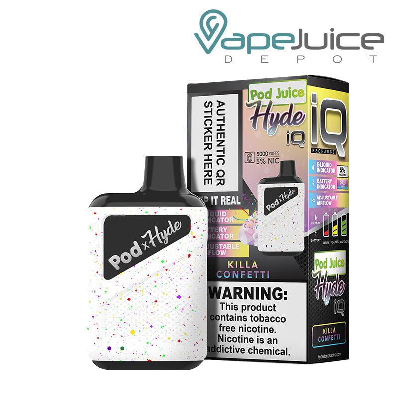 Killa Confetti Pod Juice X Hyde IQ Disposable 5000 Puffs and a box with a warning sign next to it - Vape Juice Depot