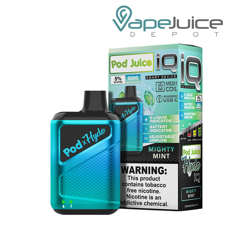 Mighty Mint Pod Juice X Hyde IQ Disposable 5000 Puffs and a box with a warning sign next to it - Vape Juice Depot