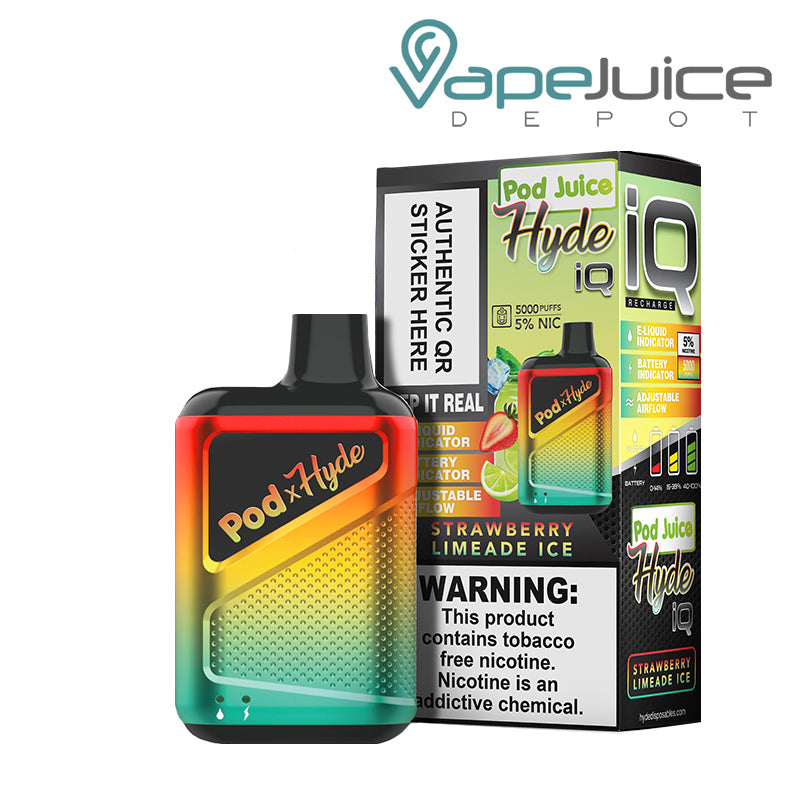 Strawberry Limeade Ice Pod Juice X Hyde IQ Disposable 5000 Puffs and a box with a warning sign next to it - Vape Juice Depot