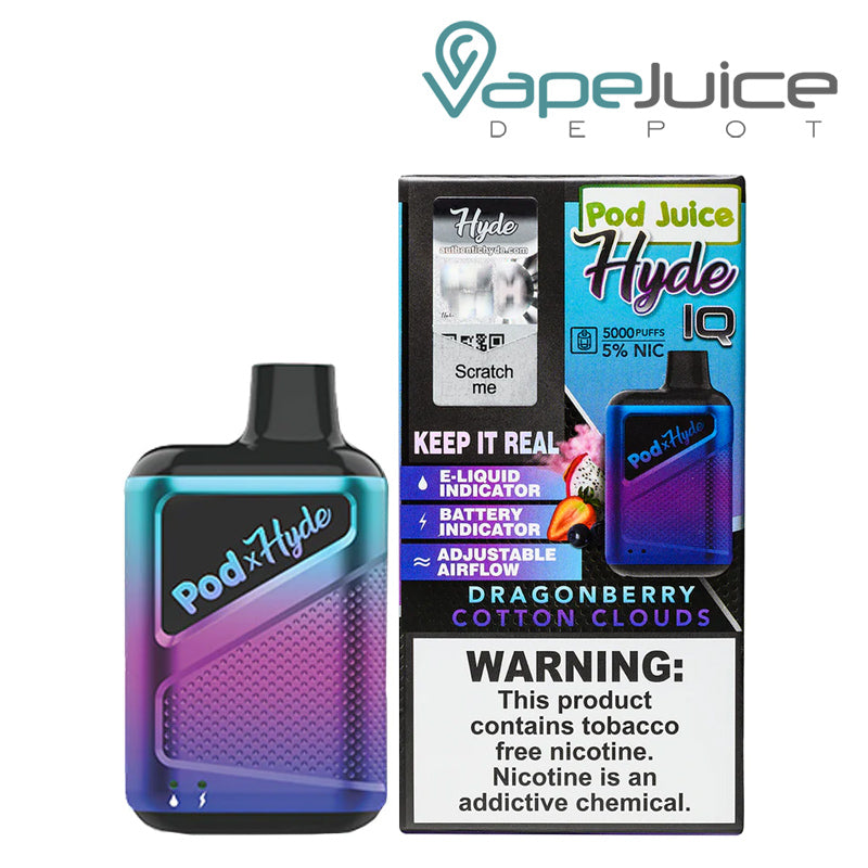 Dragonberry Cotton Clouds Pod Juice X Hyde IQ Disposable 5000 Puffs and a box with a warning sign next to it - Vape Juice Depot