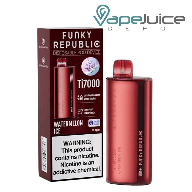 A box of Watermelon Ice Funky Republic Ti7000 Disposable with a warning sign and a disposable next to it - Vape Juice Depot