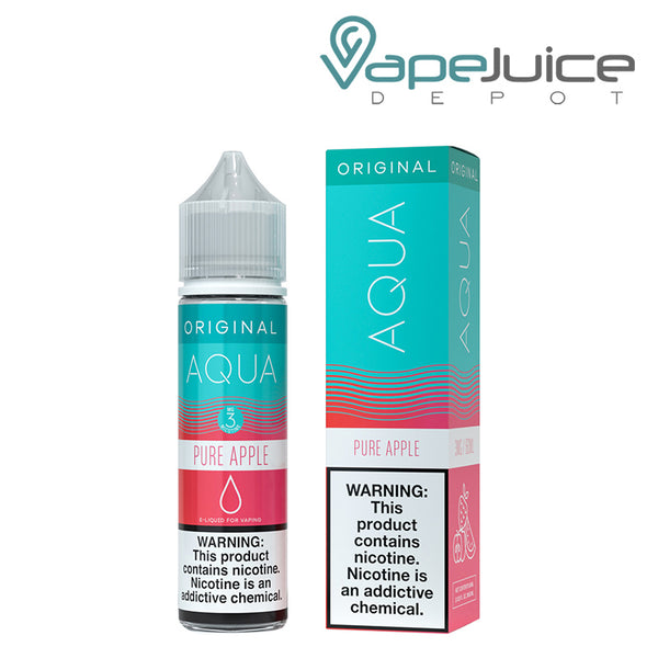 A 60ml bottle of Pure Apple AQUA Synthetic eLiquid with a warning sign and a box next to it - Vape Juice Depot