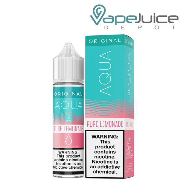 A 60ml bottle of Pure Lemonade AQUA Synthetic eLiquid and a box with a warning sign next to it - Vape Juice Depot