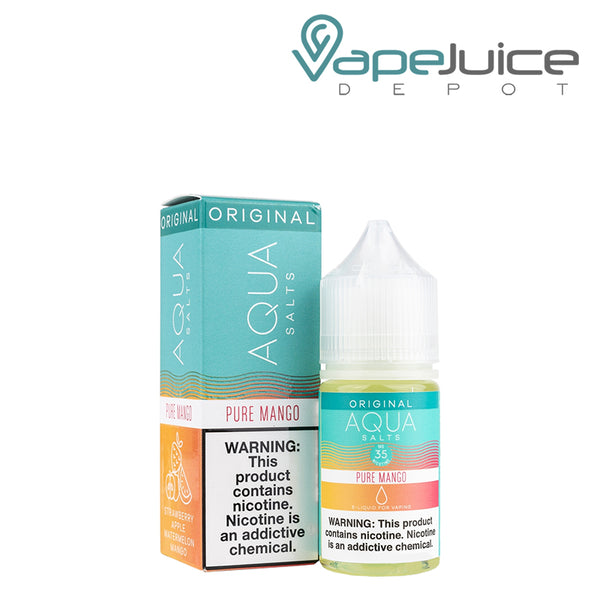 A box of Pure Mango AQUA Synthetic Salts with a warning sign and a 30ml bottle next to it - Vape Juice Depot