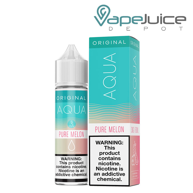 A 60ml bottle of Pure Melon AQUA Synthetic eLiquid and a box with a warning sign - Vape Juice Depot