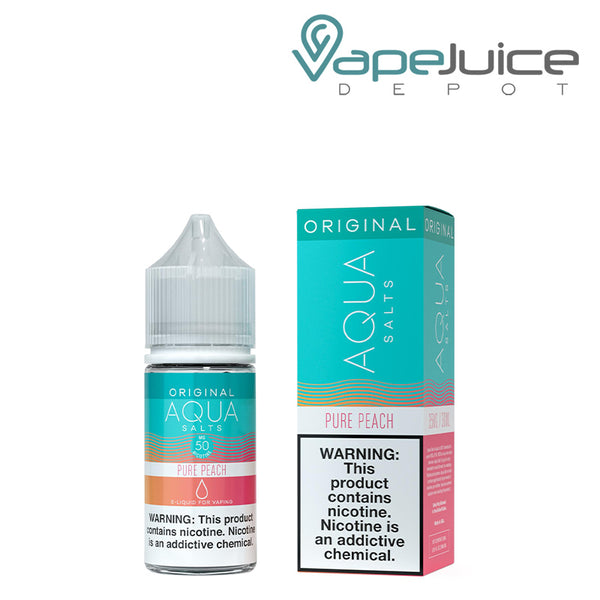 A 30ml bottle of PURE AQUA Peach Synthetic Salts with a warning sign and a box next to it - Vape Juice Depot