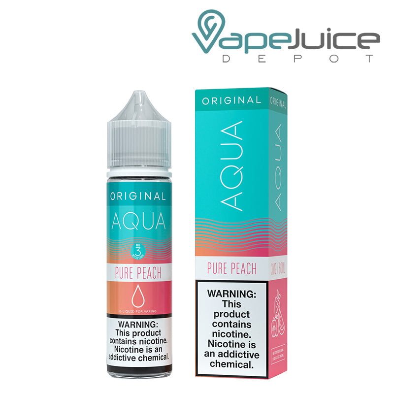 A 60ml bottle of Pure Peach AQUA Synthetic eLiquid with a warning sign and a box with a warning sign next to it - Vape Juice Depot