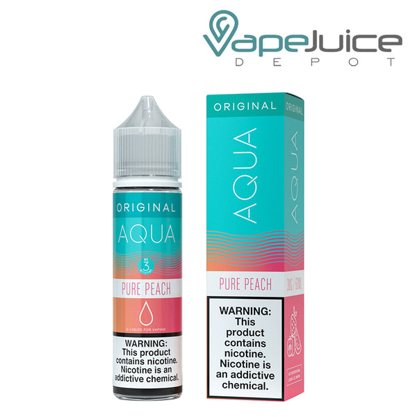 A 60ml bottle of Pure Peach AQUA Synthetic eLiquid with a warning sign and a box with a warning sign next to it - Vape Juice Depot