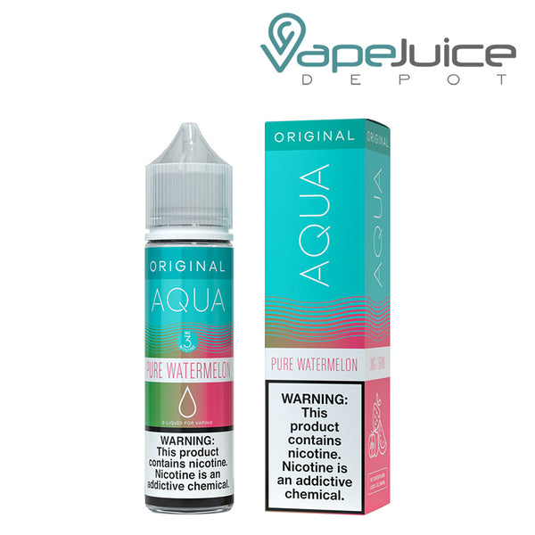 A 60ml bottle of Pure Watermelon AQUA Synthetic eLiquid with a warning sign and a box next to it - Vape Juice Depot
