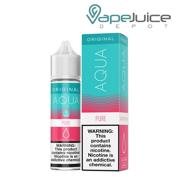 A 60ml bottle of PURE AQUA Original eLiquid with a warning sign and a box next to it - Vape Juice Depot