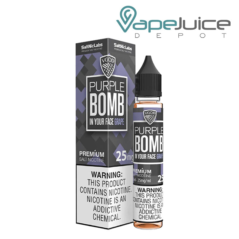A box of Purple Bomb VGOD SaltNic with a warning sign and a 30ml bottle next to it - Vape Juice Depot