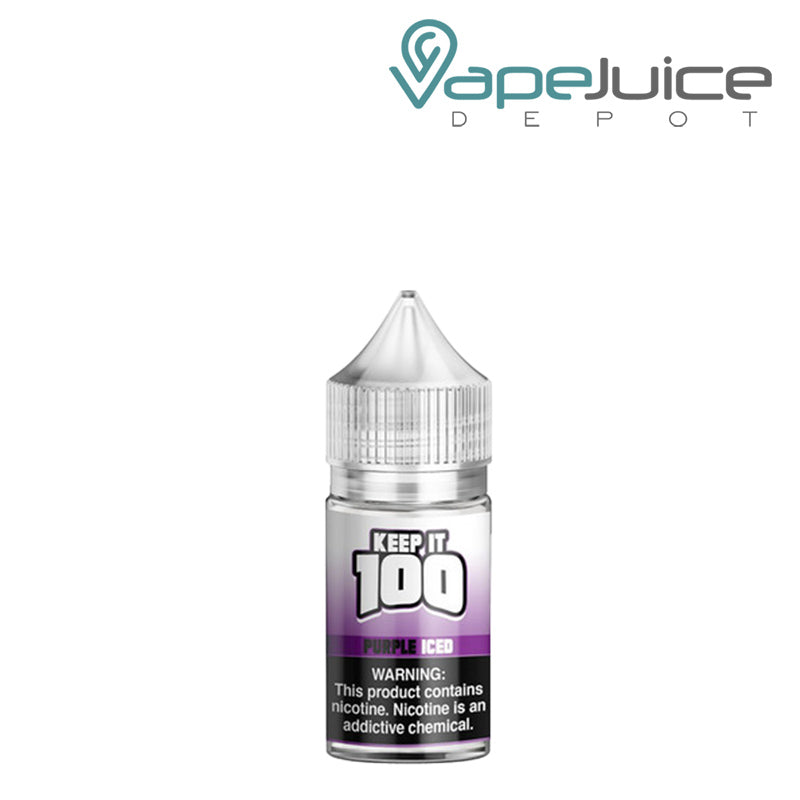 A 30ml bottle of Purple Iced Keep It 100 TFN Salt with a warning sign - Vape Juice Depot