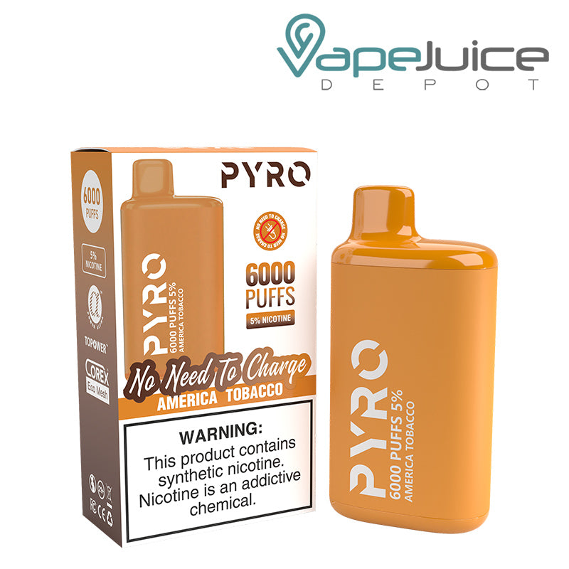A box of American Tobacco Pyro Tech 6000 Disposable with a warning sign and a Disposable next to it - Vape Juice Depot