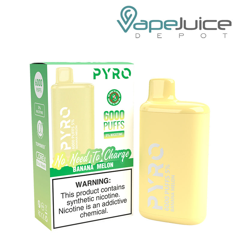A box of Banana Melon Pyro Tech 6000 Disposable with a warning sign and a Disposable next to it - Vape Juice Depot