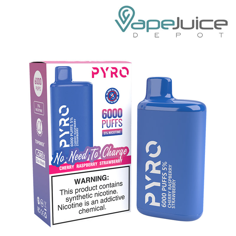 A box of Cherry Raspberry Strawberry Pyro Tech 6000 Disposable with a warning sign and a Disposable next to it - Vape Juice Depot