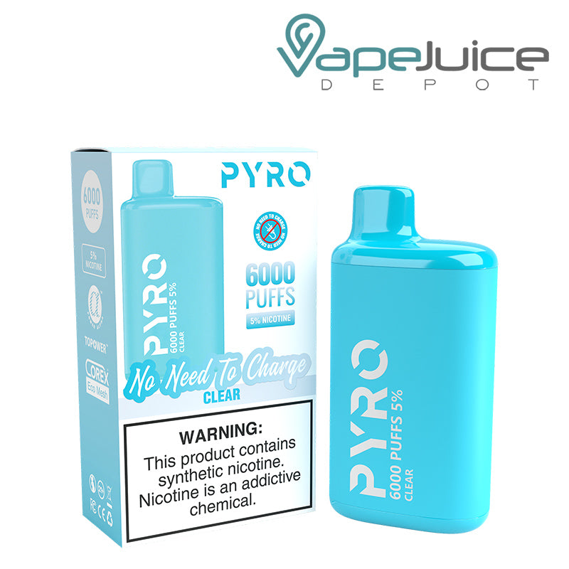 A box of Clear Pyro Tech 6000 Disposable with a warning sign and a Disposable next to it - Vape Juice Depot
