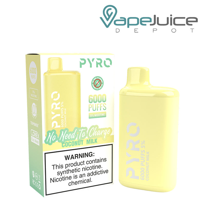A box of Coconut Mint Pyro Tech 6000 Disposable with a warning sign and a Disposable next to it - Vape Juice Depot