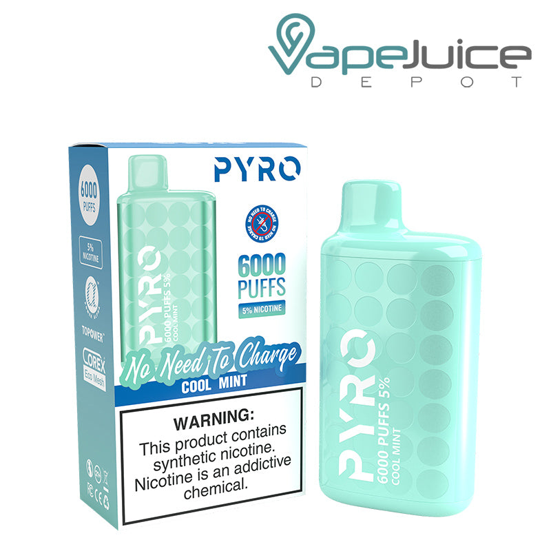 A box of Cool Mint Pyro Tech 6000 Disposable with a warning sign and a disposable next to it - Vape Juice Depot