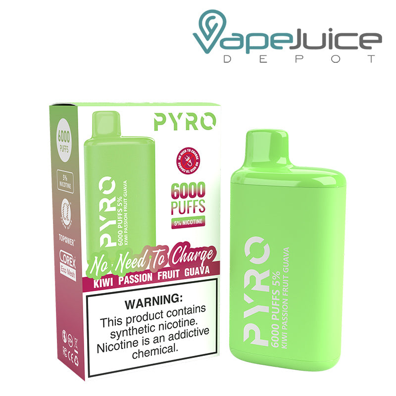 A box of Kiwi Passionfruit Guava Pyro Tech 6000 Disposable with a warning sign and a Disposable next to it - Vape Juice Depot