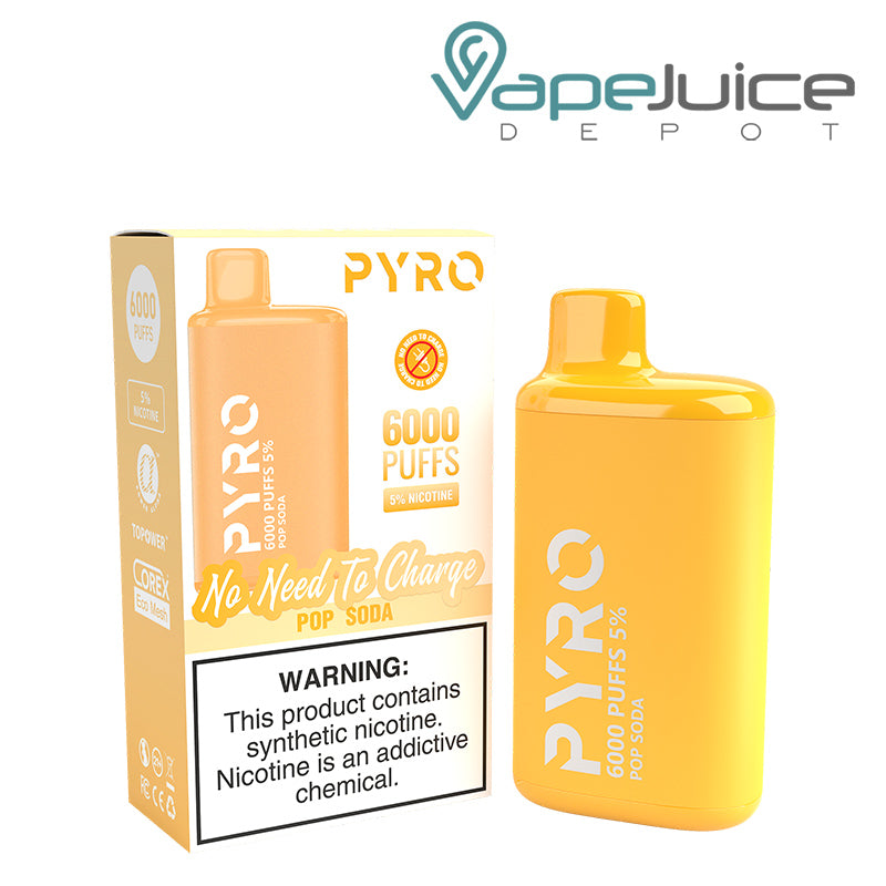 A box of Pop Soda Pyro Tech 6000 Disposable with a warning sign and a Disposable next to it - Vape Juice Depot