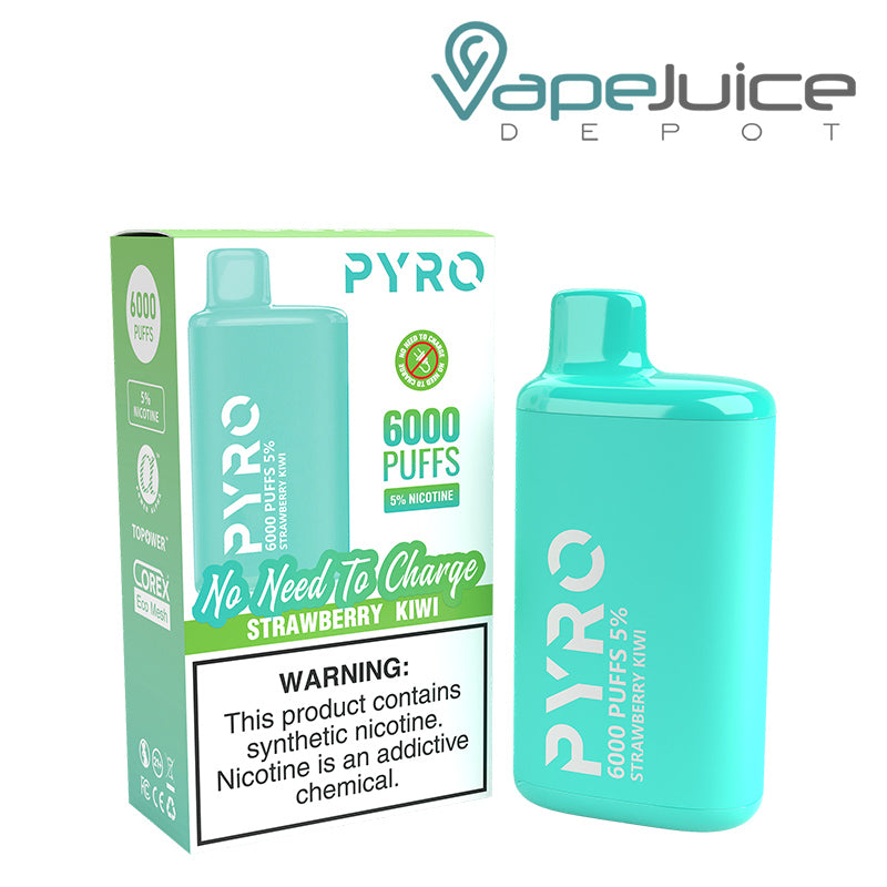 A box of Strawberry Kiwi Pyro Tech 6000 Disposable with a warning sign and a disposable next to it - Vape Juice Depot