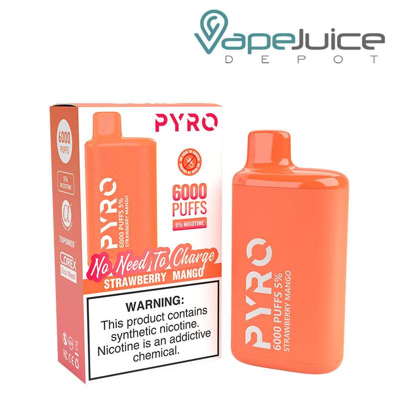 A box of Strawberry Mango Pyro Tech 6000 Disposable with a warning sign and a Disposable next to it - Vape Juice Depot