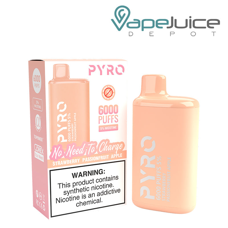 A box of Strawberry Passionfruit Apple Pyro Tech 6000 Disposable with a warning sign and a Disposable next to it - Vape Juice Depot