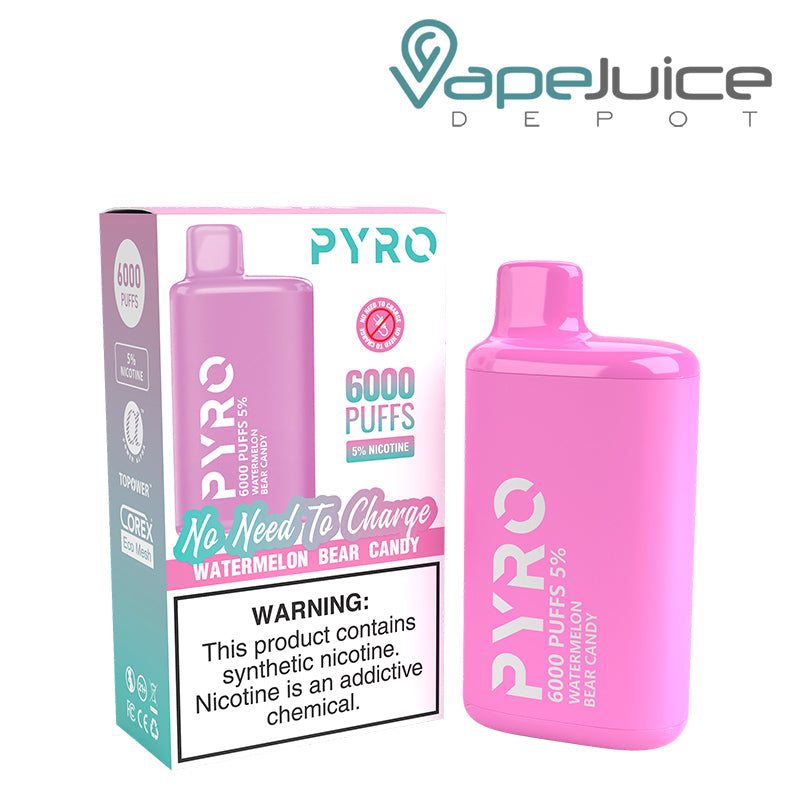 A box of Watermelon Bear Candy Pyro Tech 6000 Disposable with a warning sign and a Disposable next to it - Vape Juice Depot