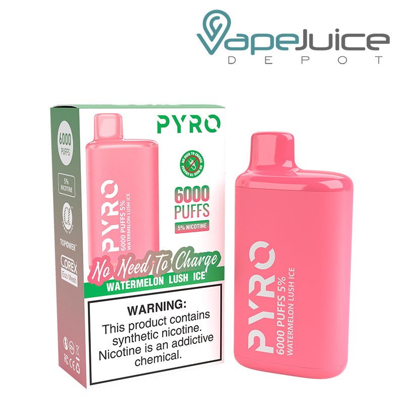 A box of Watermelon Lush Ice Pyro Tech 6000 Disposable with a warning sign and a Disposable next to it - Vape Juice Depot