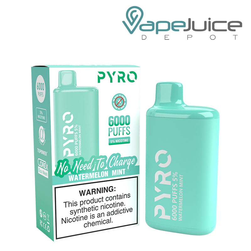 A box of Watermelon Mint Pyro Tech 6000 Disposable with a warning sign and a Disposable next to it - Vape Juice Depot
