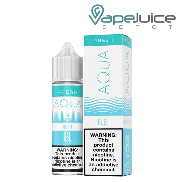A 60ml bottle of RUSH AQUA Fresh eLiquid with a warning sign and a box next to it - Vape Juice Depot