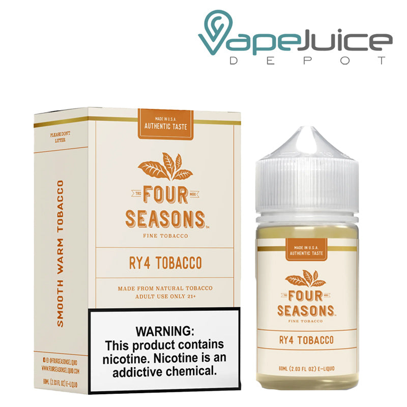 A box of RY4 Tobacco Four Seasons with a warning sign and a 60ml bottle next to it - Vape Juice Depot