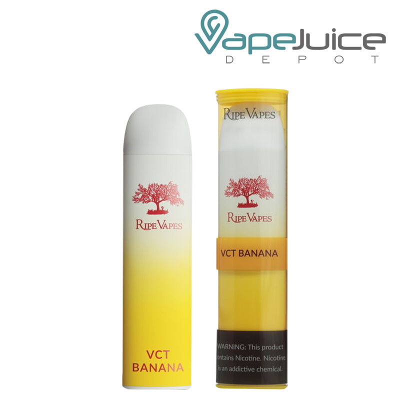 VCT Banana Ripe Vapes Palm Disposable and a box with a warning sign next to it - Vape Juice Depot