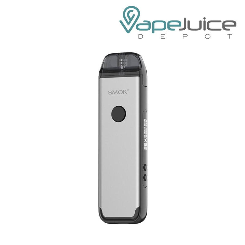 Silver SMOK ACRO 25W Pod System Kit with a auto draw button on front and two adjustable buttons on the side - Vape Juice Depot