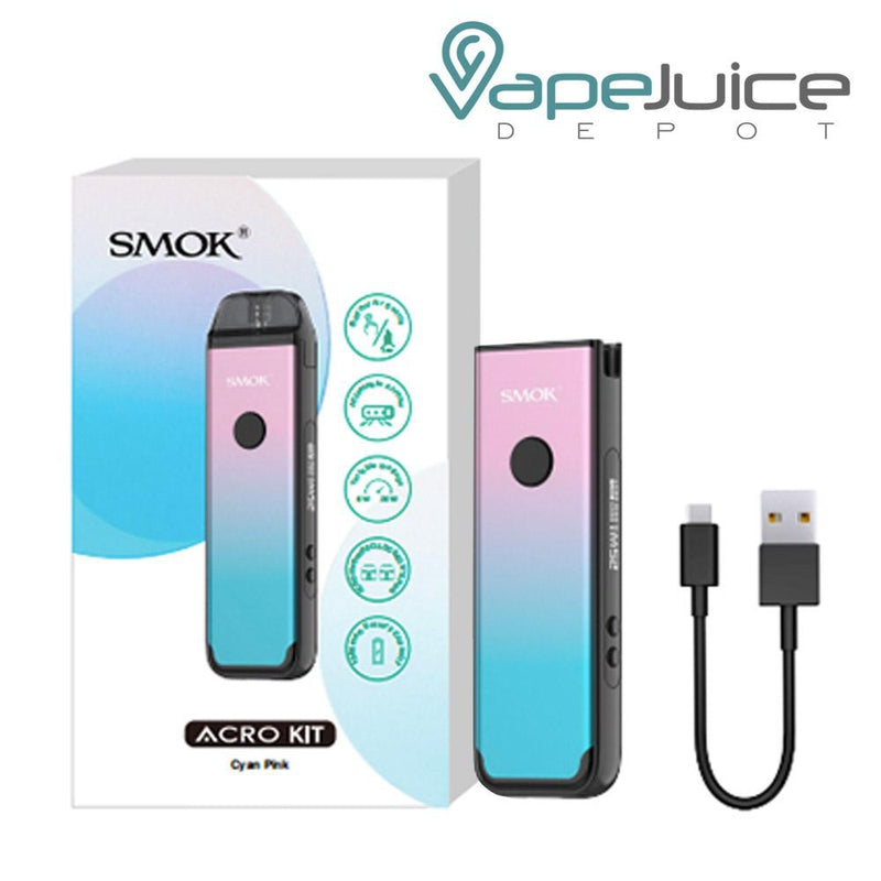 A Box of SMOK ACRO 25W Pod System Kit with a auto draw button on front and two adjustable buttons on the side and a USB Cable - Vape Juice Depot