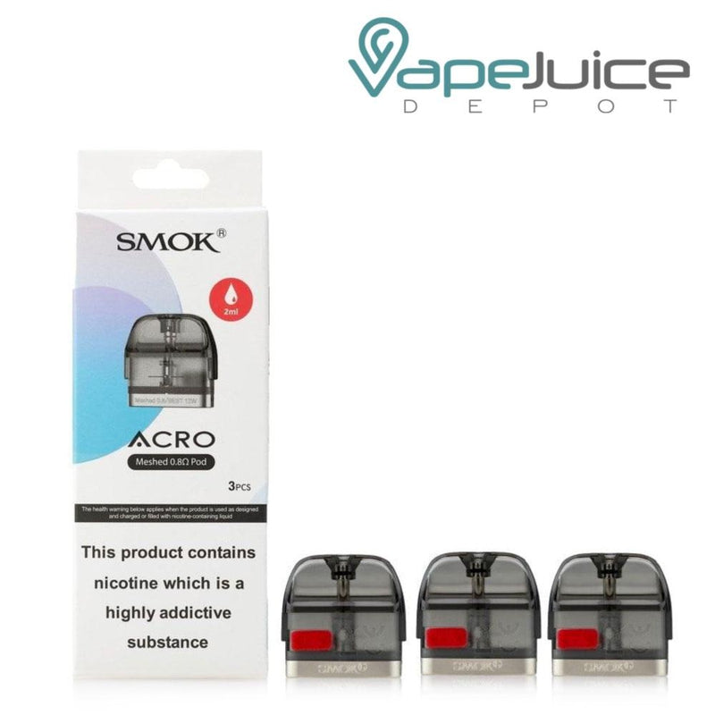 A box of SMOK ACRO Replacement Pods and three pods next to it - Vape Juice Depot