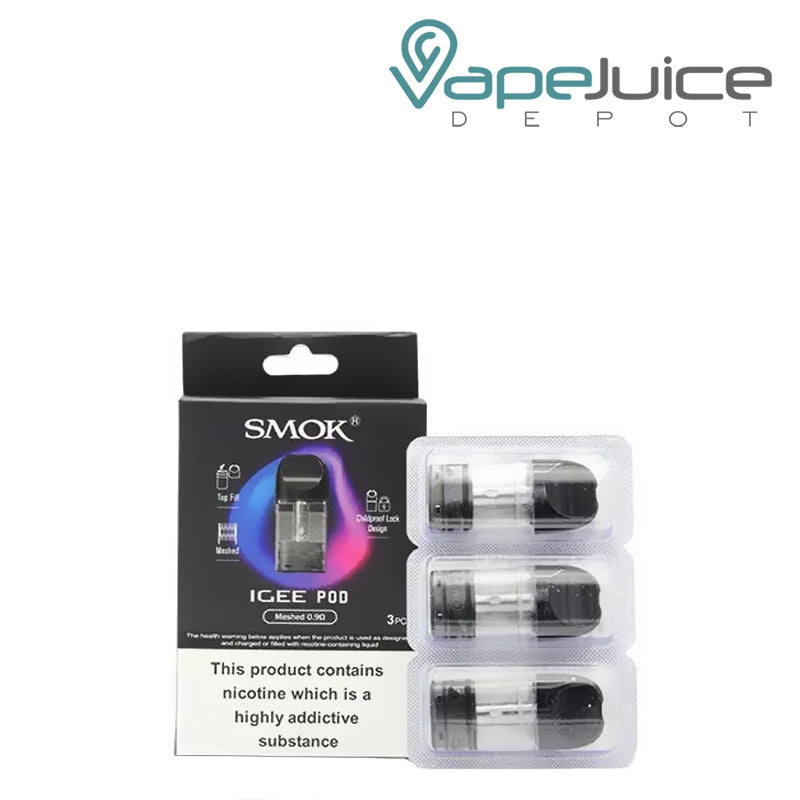A box of SMOK IGEE A1 Replacement Pods with a warning sign and 3-pack next to it - Vape Juice Depot