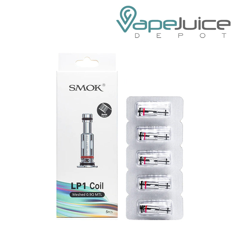 A box of SMOK LP1 Replacement Coils 0.9ohm and a pack of five coils next to it - Vape Juice Depot