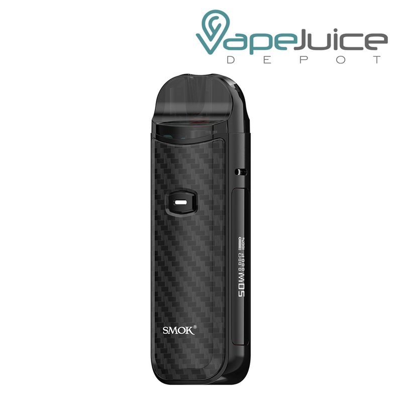Black Carbon Fiber SMOK Nord 50W Pod Kit with an Intuitive Firing Button and a display on the side - Vape Juice Depot