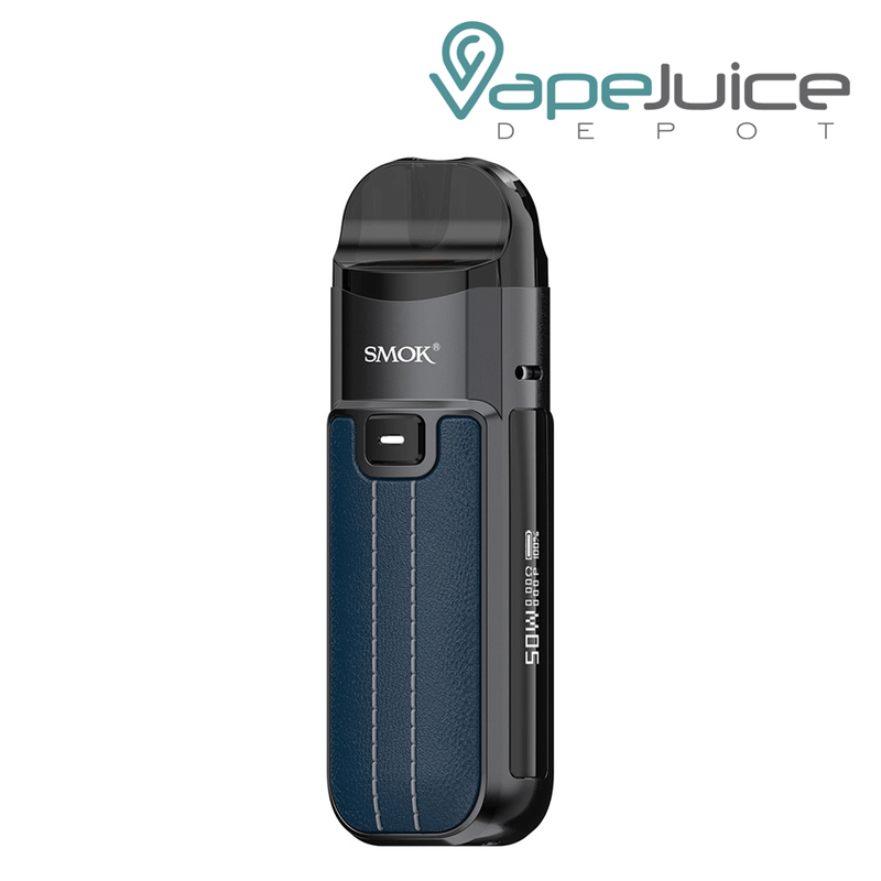 Blue Leather Series SMOK Nord 50W Pod Kit with an Intuitive Firing Button and a display on the side - Vape Juice Depot