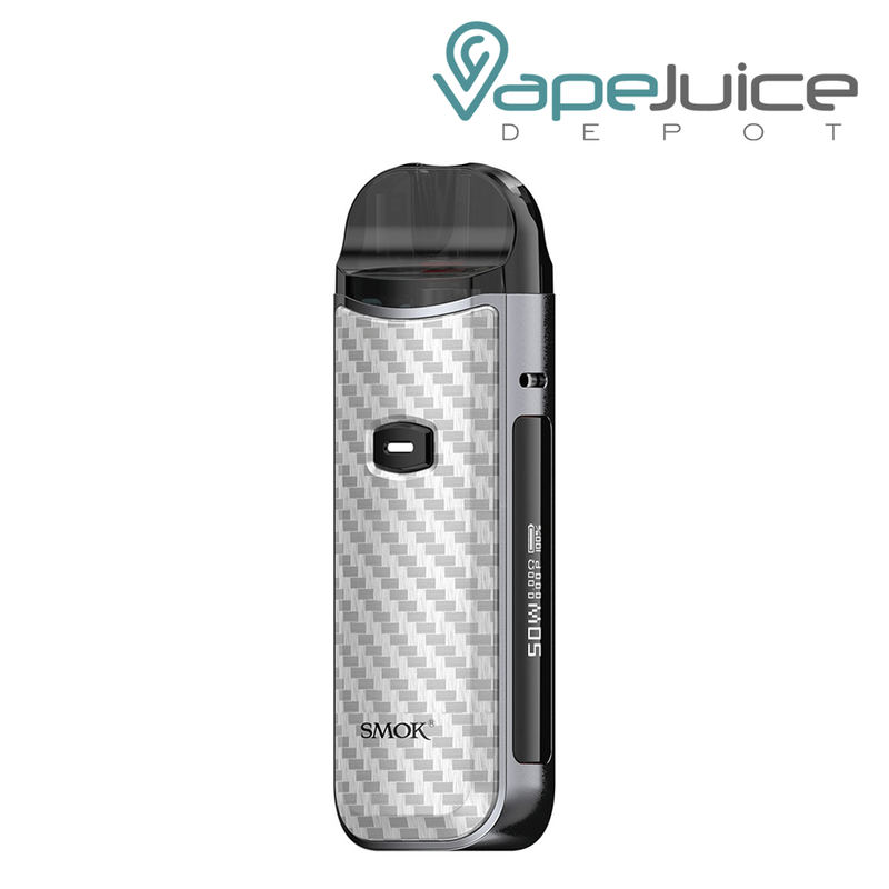 Silver Carbon Fiber SMOK Nord 50W Pod Kit with an Intuitive Firing Button and a display on the side - Vape Juice Depot