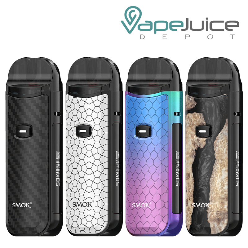 Four different colors of SMOK Nord 50W Pod Kit with an Intuitive Firing Button and a display on the side - Vape Juice Depot