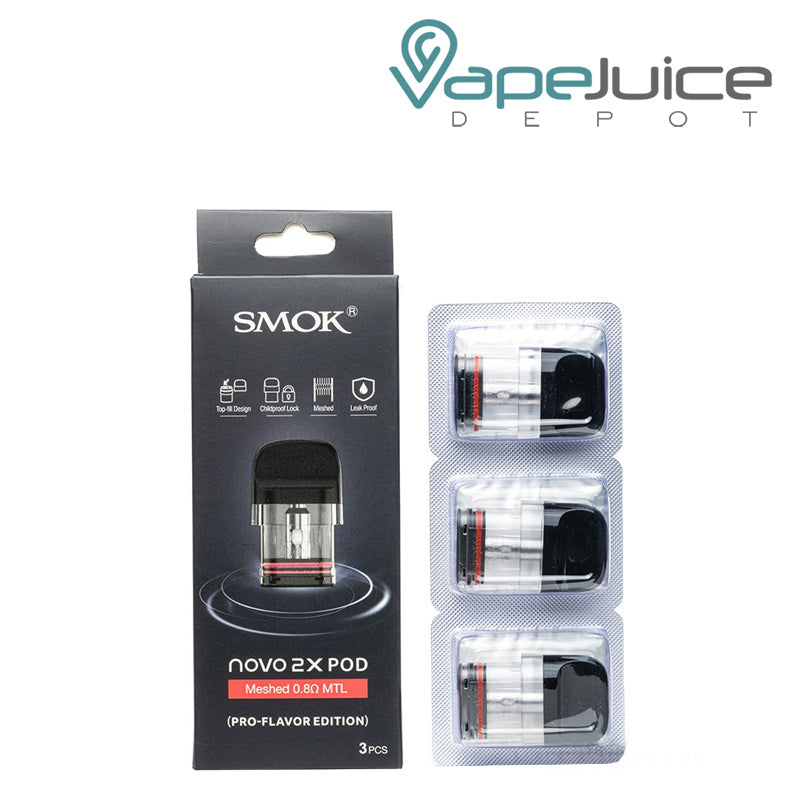 A Box of SMOK Novo 2X Replacement Pods 0.8ohm and a 3-pack next to it - Vape Juice Depot