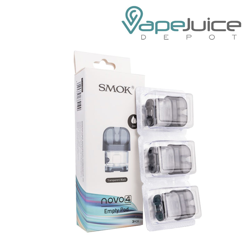 A box of SMOK Novo 4 Pods and a pack of three pods next to it - Vape Juice Depot