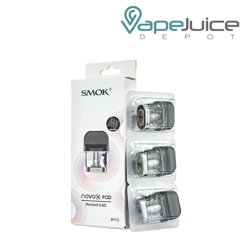 A box of SMOK Novo X Pods and a pack of three pods next to it - Vape Juice Depot
