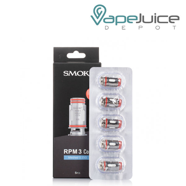 A box of SMOK RPM 3 Replacement Coils 0.15ohm and five pack coils next to it - Vape Juice Depot